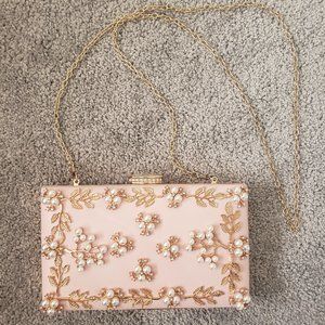 Ornate Pearl Decorative Women's Clutch Purse Evening Bag with Chain Strap